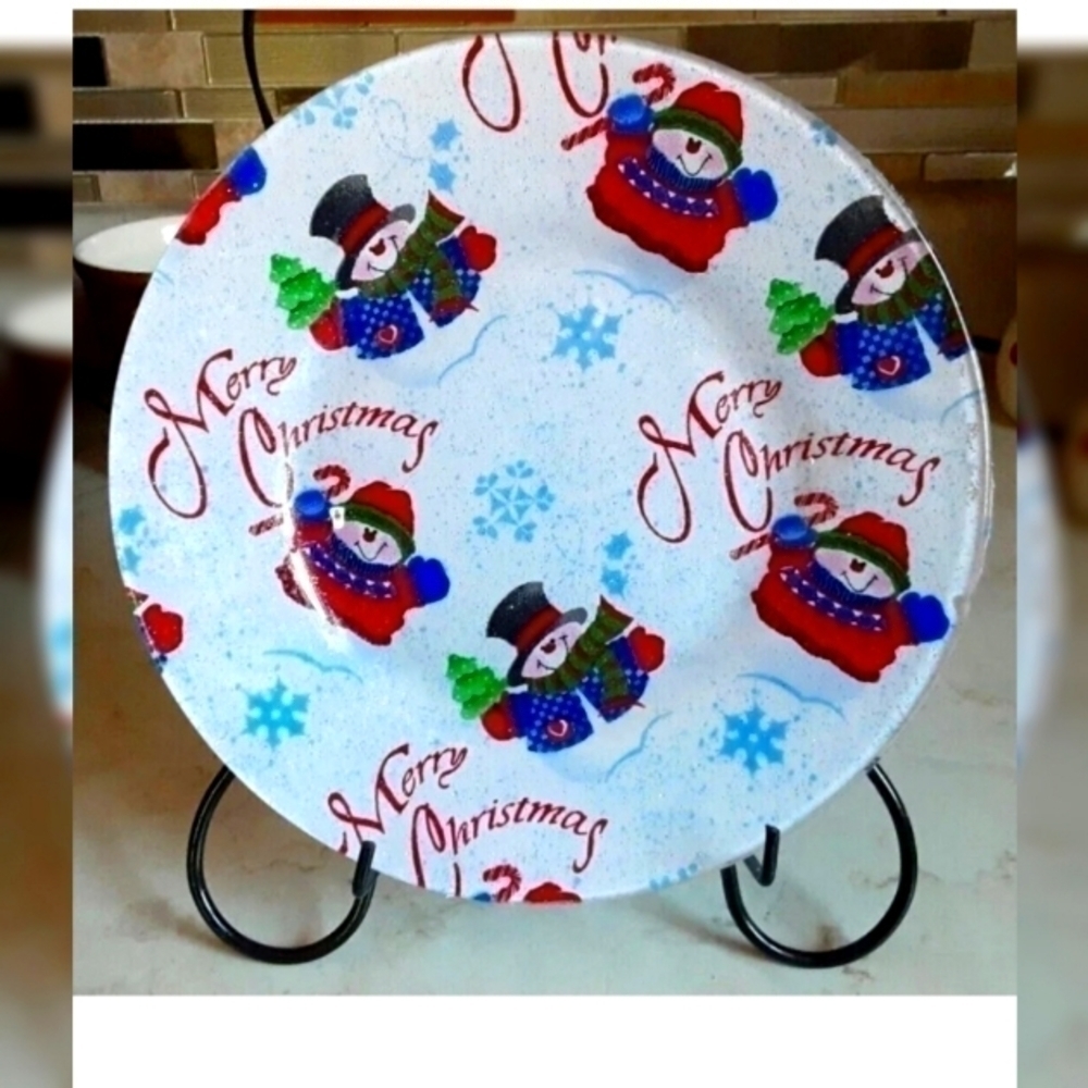 Christmas Decorative handmade 8" plate Snowman with Mittens & Candy Canes